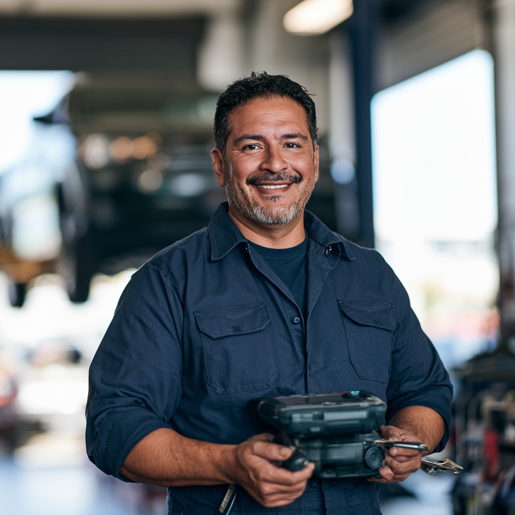 Mechanic smiling after having received auto shop repair funding for their small business.