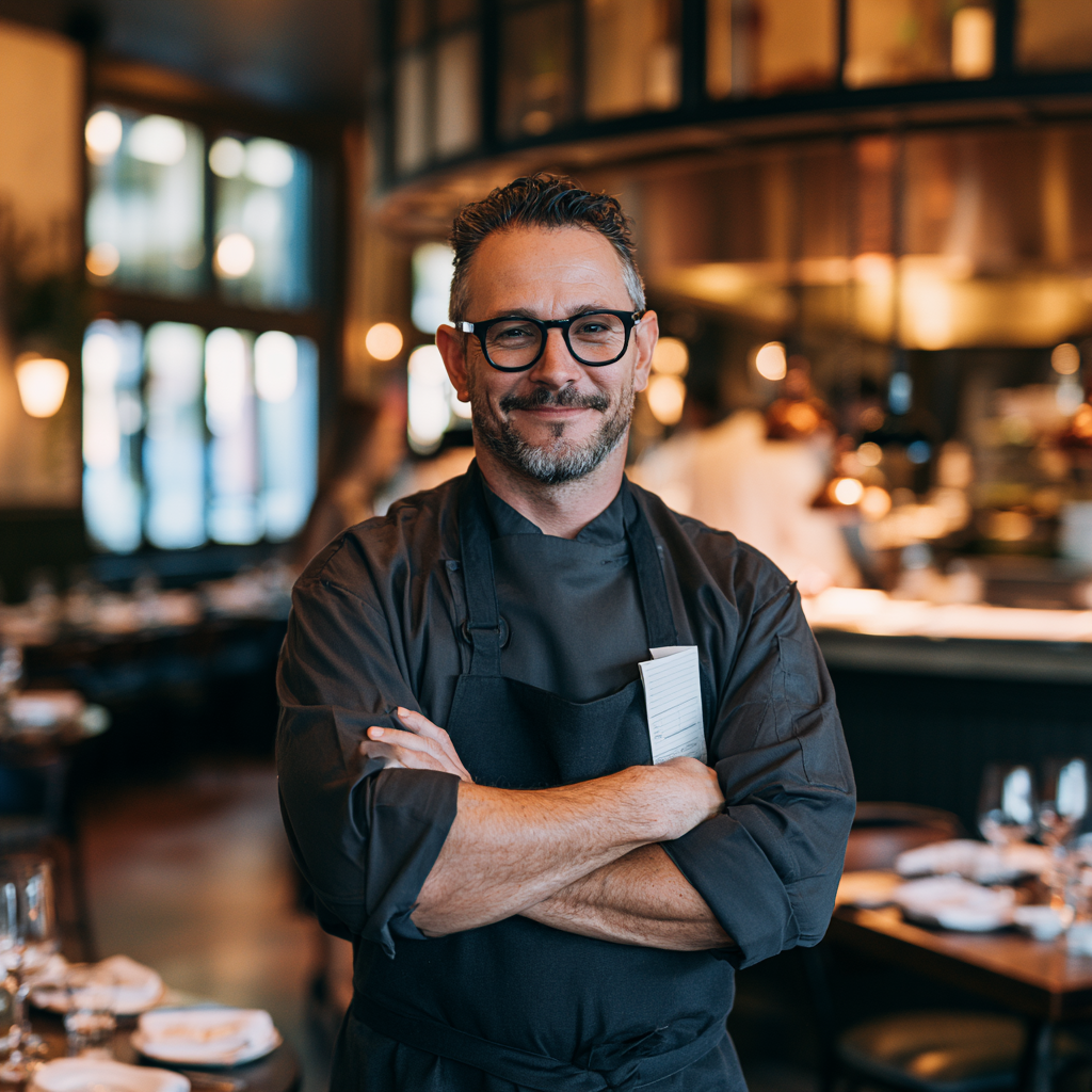 Happy chef having received restaurant business funding for his business.