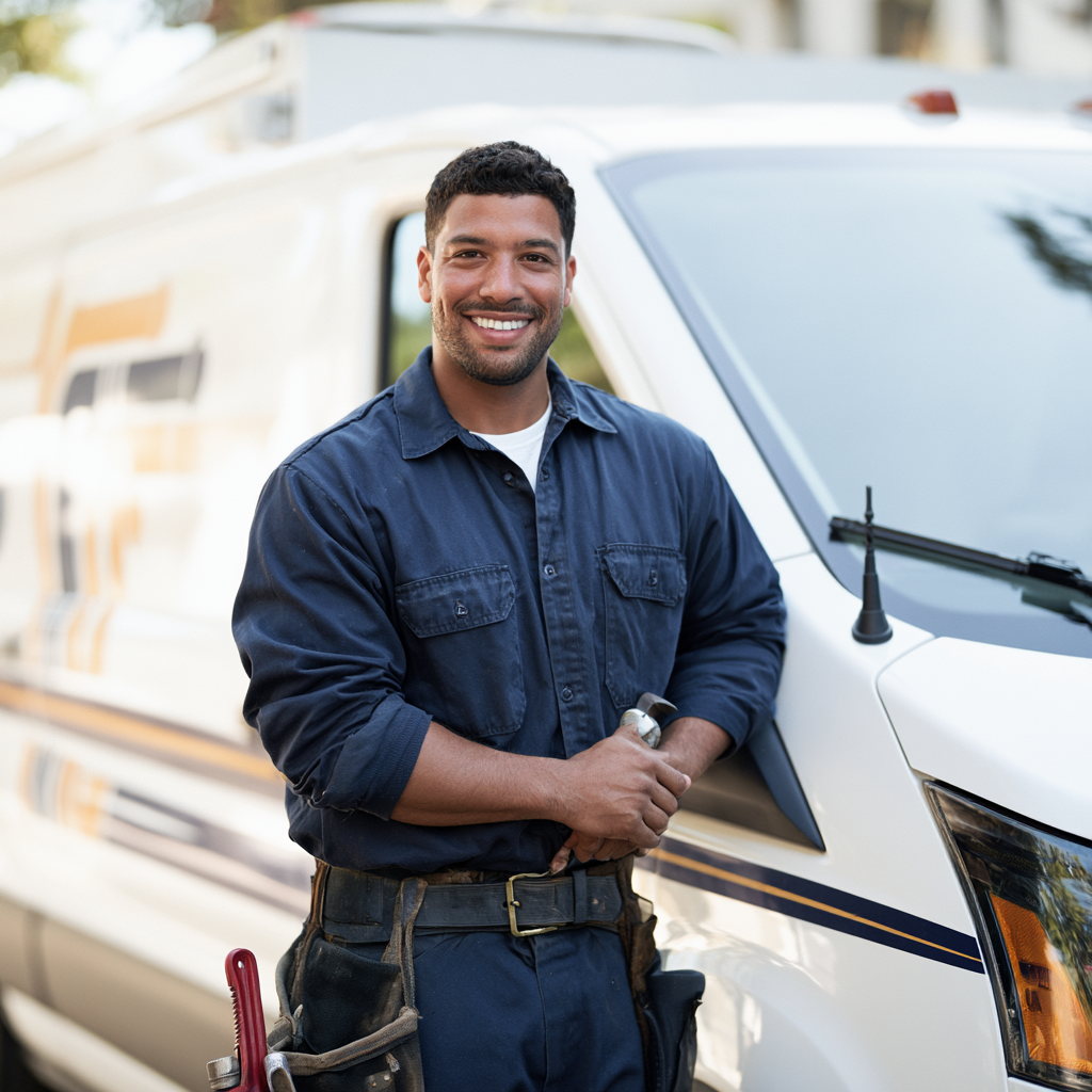 Plumber happy at having received plumbing business funding for his business.