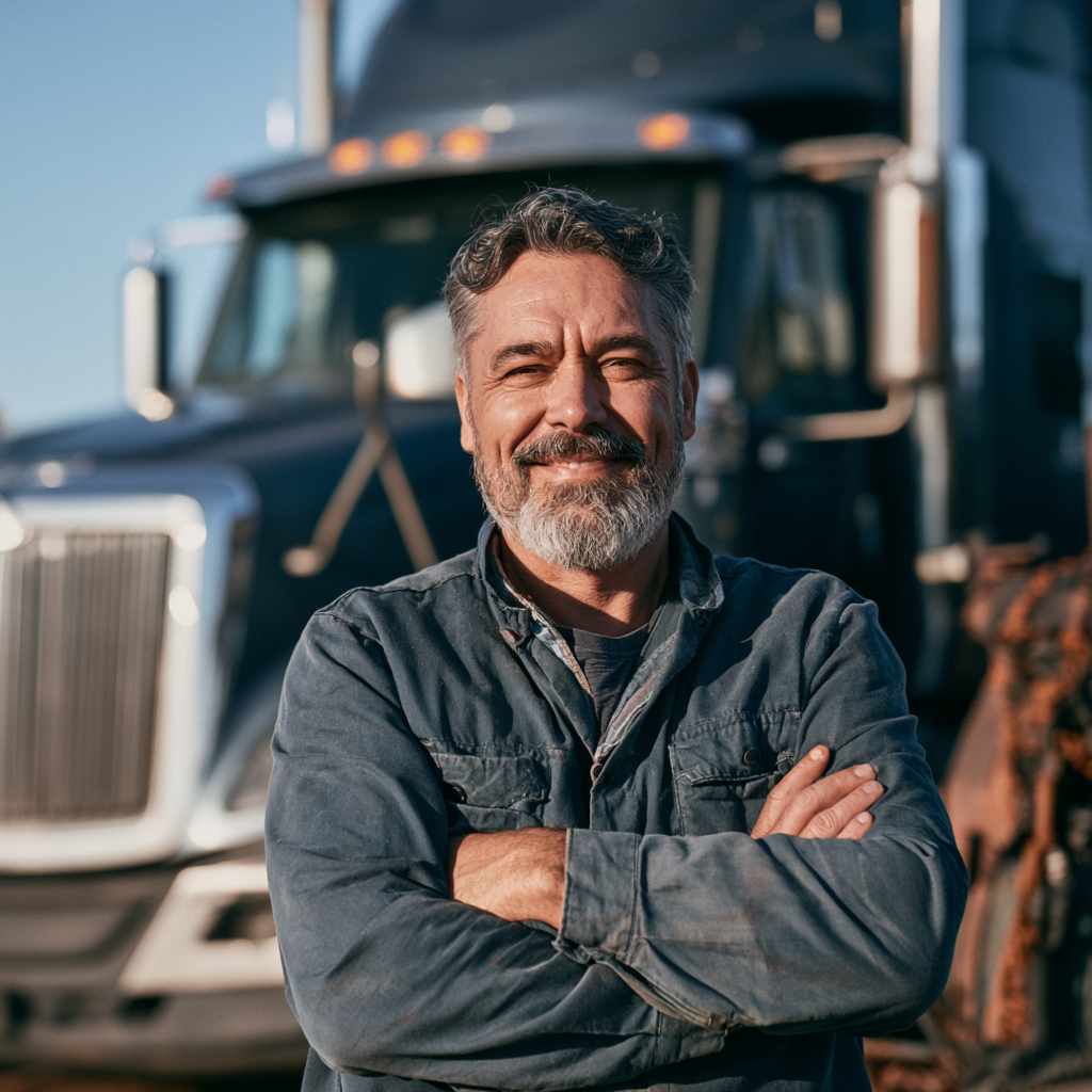 Transportation company owner happy after receiving trucking company funding for his business